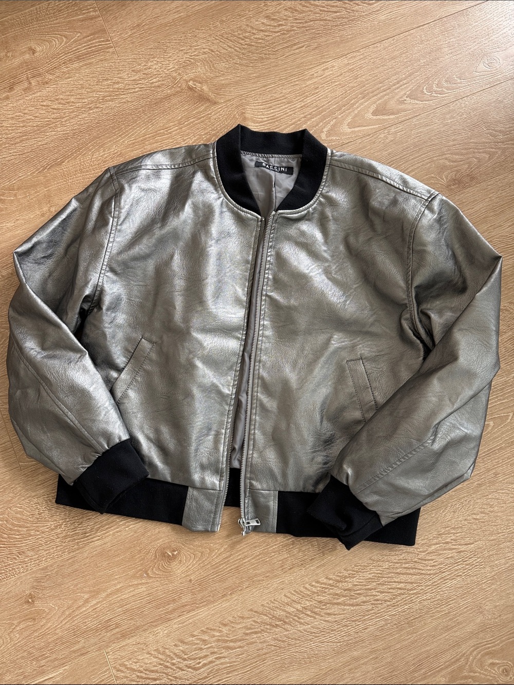 Baccini Metallic Silver Bomber Jacket with Black Trim